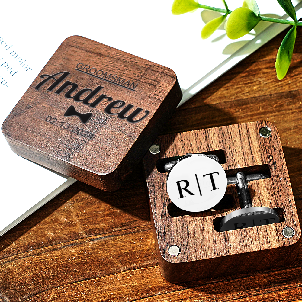 Personalized Engraved Cufflinks Set with Wooden Box Wedding Gift for Men Groomsmen -