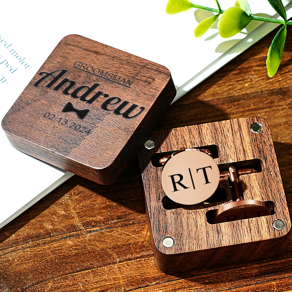Personalized Engraved Cufflinks Set with Wooden Box Wedding Gift for Men Groomsmen -