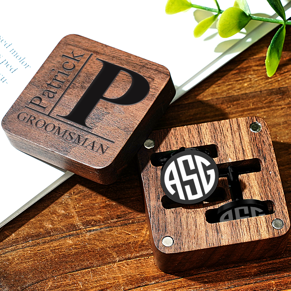 Personalized Engraved Cufflinks Set with Wooden Box Wedding Gift for Men Groomsmen -