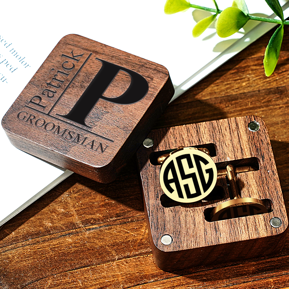 Personalized Engraved Cufflinks Set with Wooden Box Wedding Gift for Men Groomsmen -