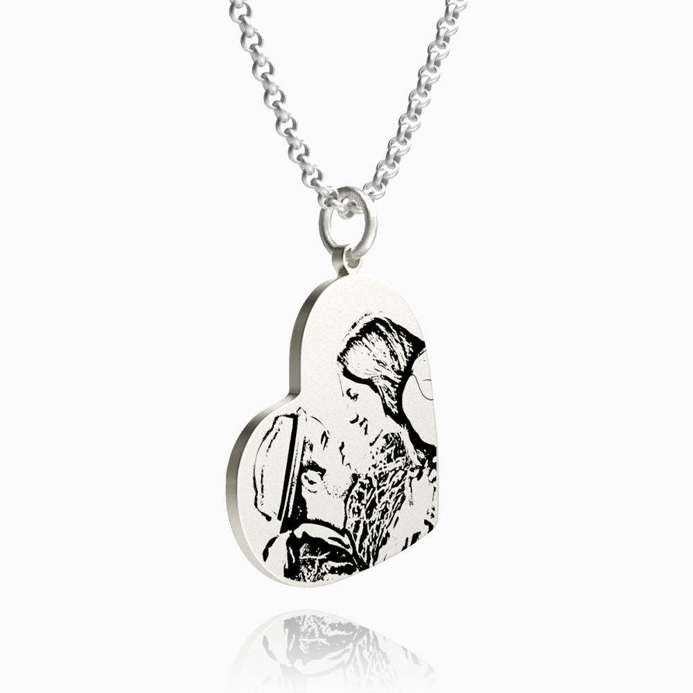 Women's Vertical Heart Photo Engraved Tag Necklace Silver