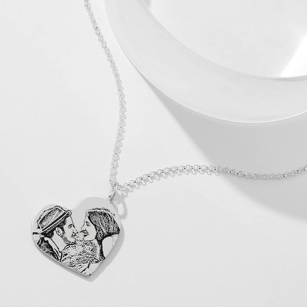 Women's Vertical Heart Photo Engraved Tag Necklace Silver
