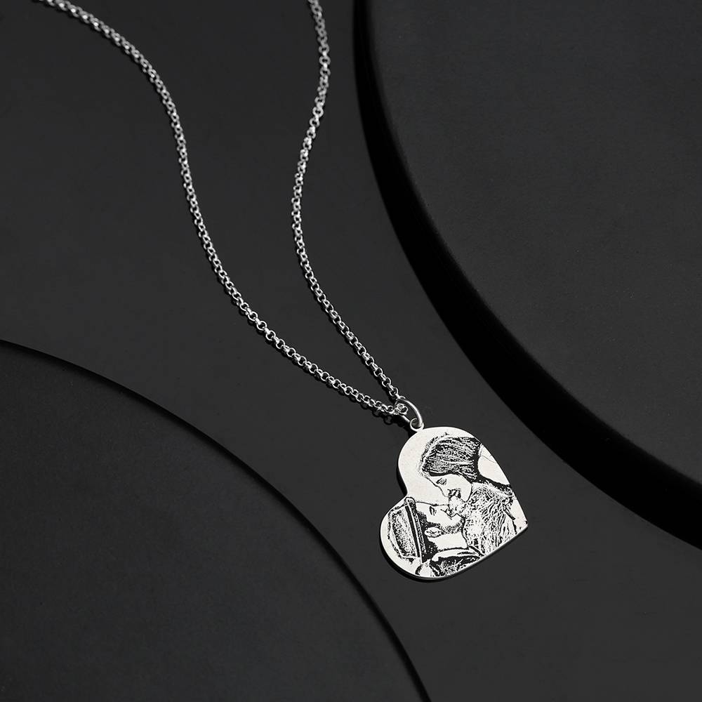 Women's Vertical Heart Photo Engraved Tag Necklace Silver