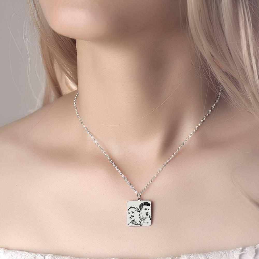 Women's Square Photo Engraved Tag Necklace With Engraving Silver