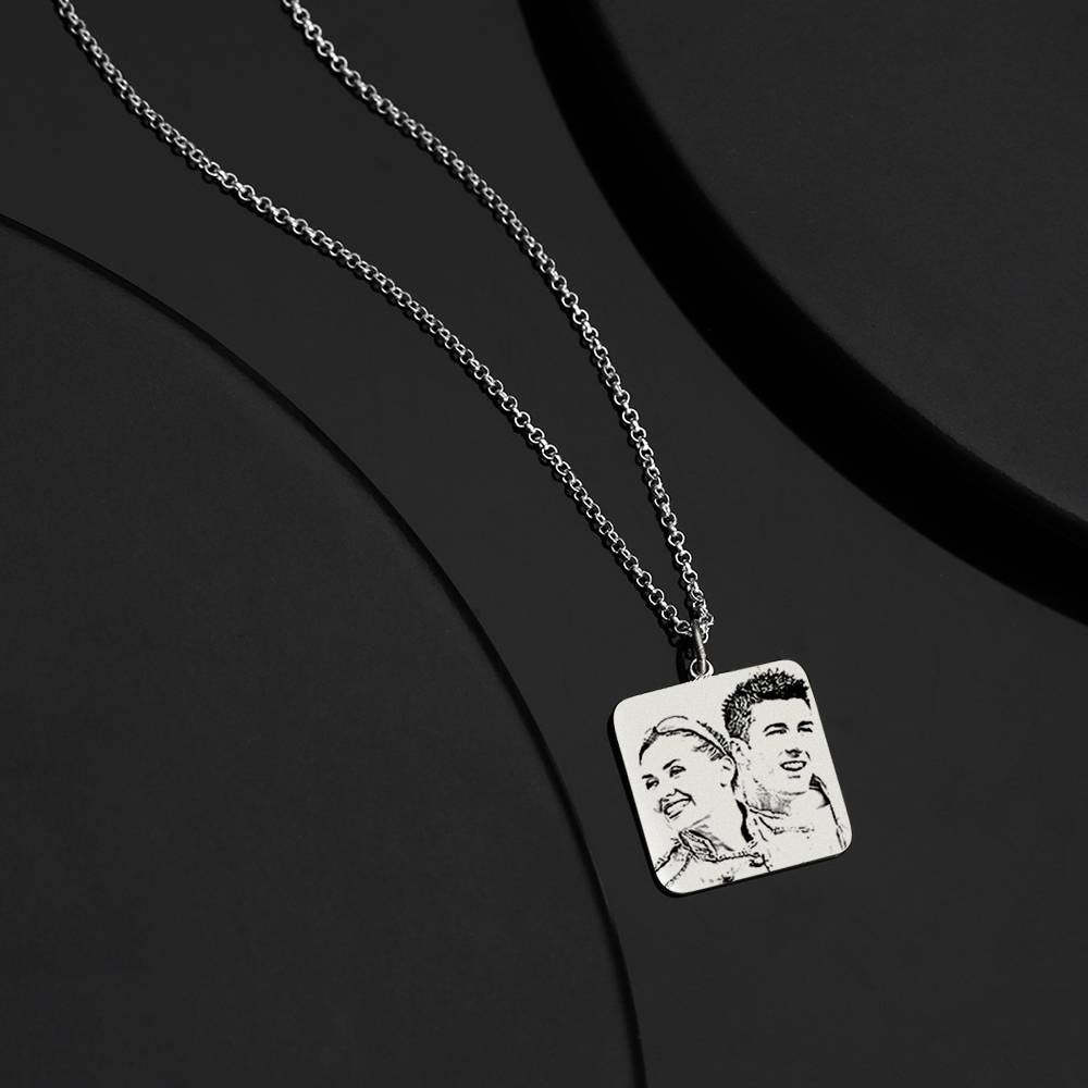 Women's Square Photo Engraved Tag Necklace With Engraving Silver
