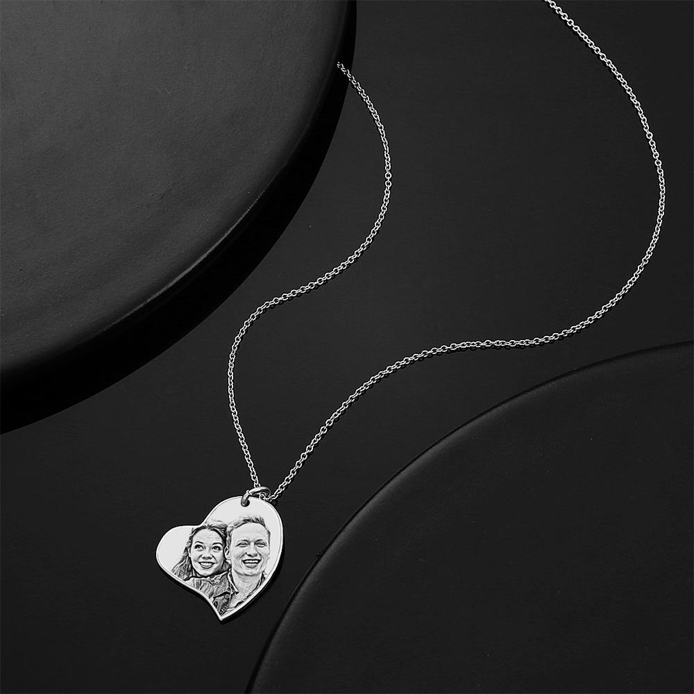 Engraved Heart Pendant Photo Necklace Silver