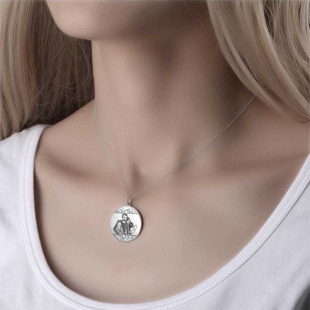 Personalized Round Photo Engraved Necklace Silver