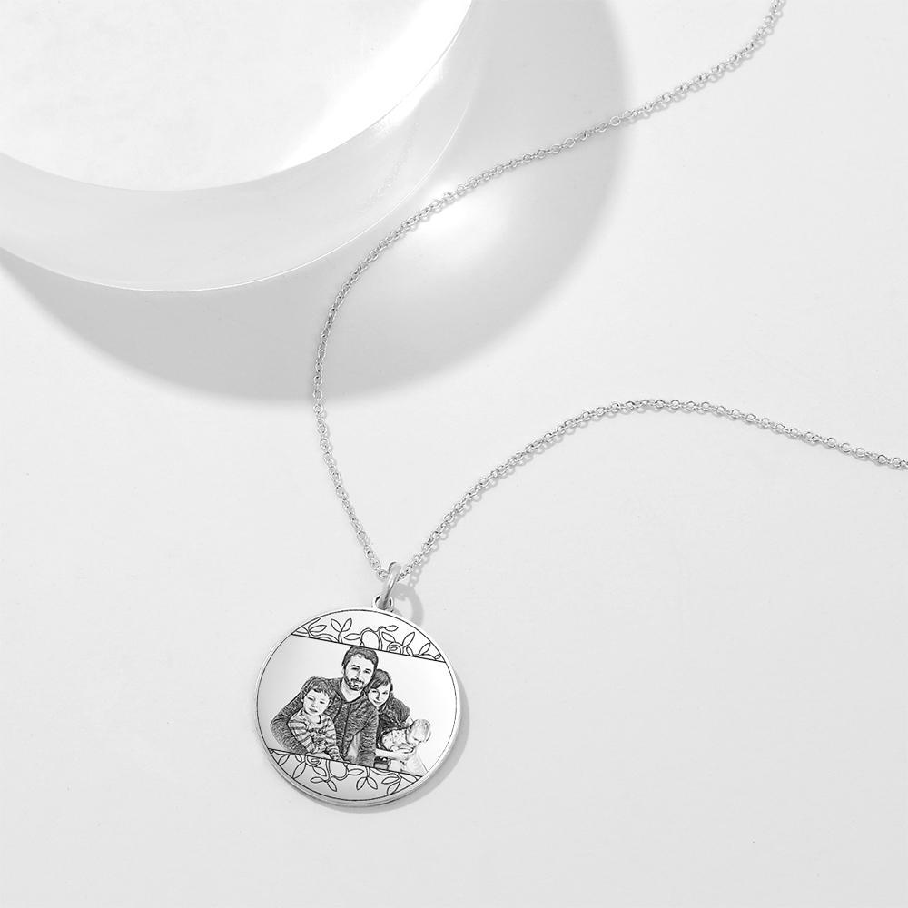 Personalized Round Photo Engraved Necklace Silver