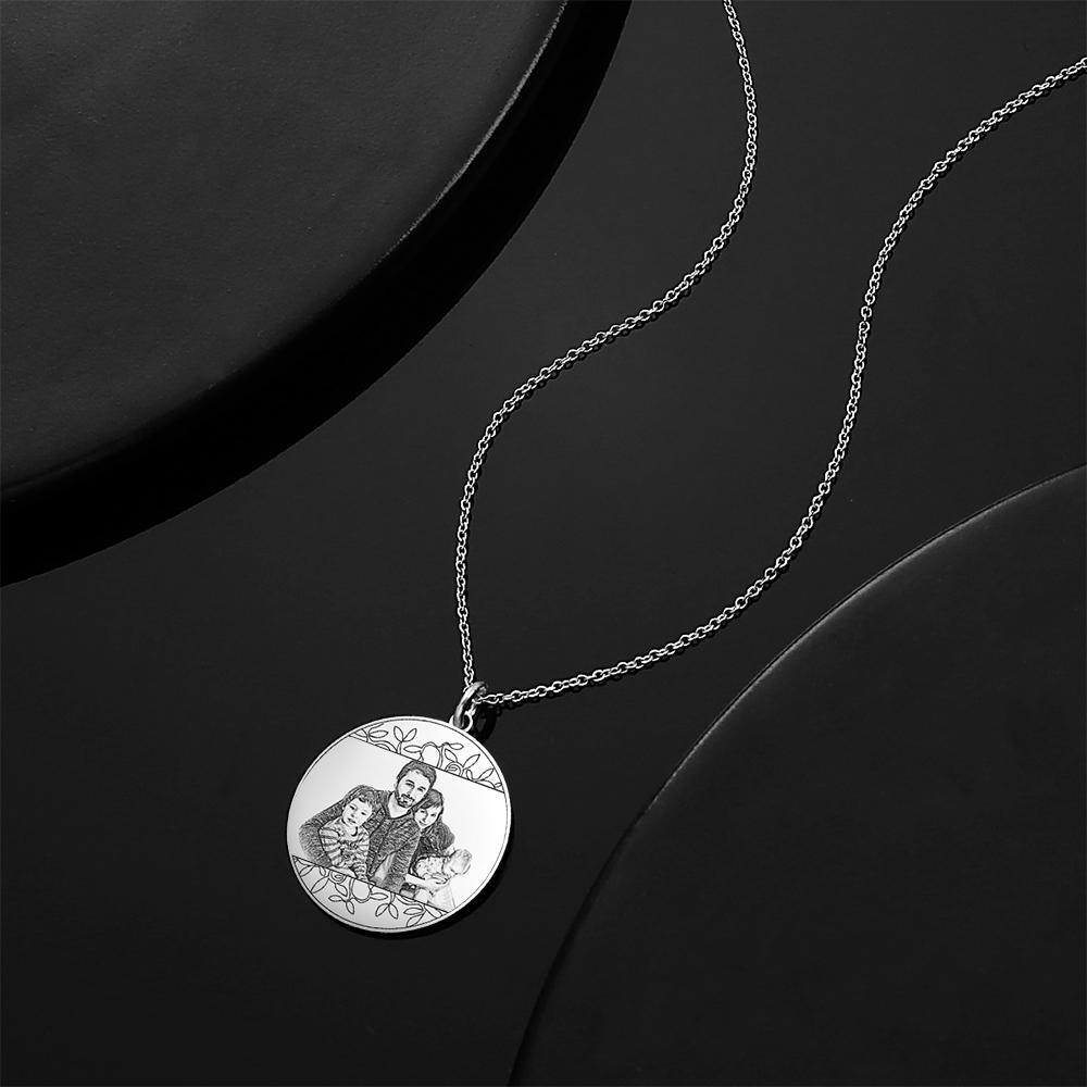 Personalized Round Photo Engraved Necklace Silver