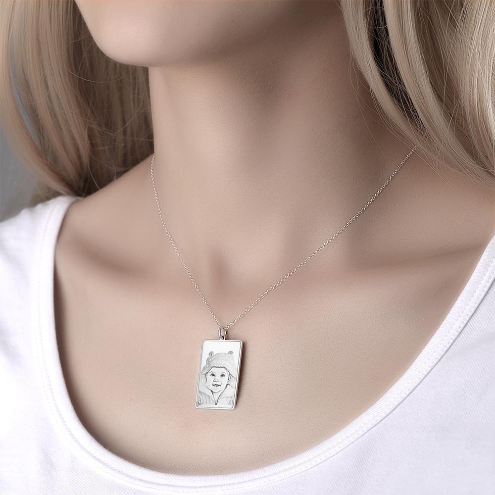 Personalized Rectangle Engraved Photo Necklace Silver