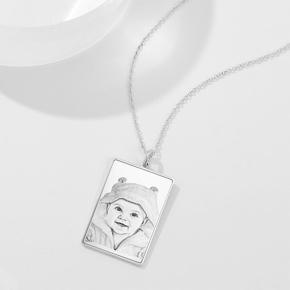 Personalized Rectangle Engraved Photo Necklace Silver