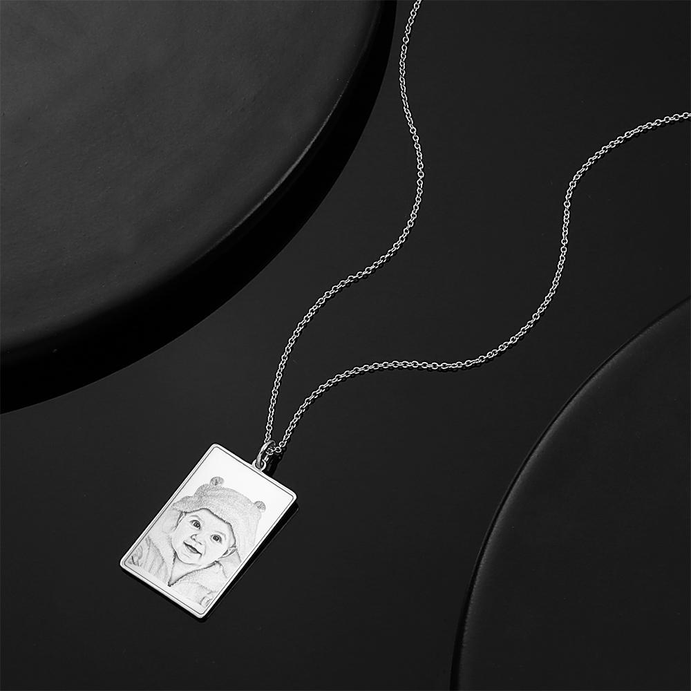 Personalized Rectangle Engraved Photo Necklace Silver