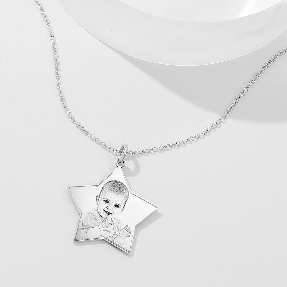 Personalized Star Engraved Photo Necklace Silver