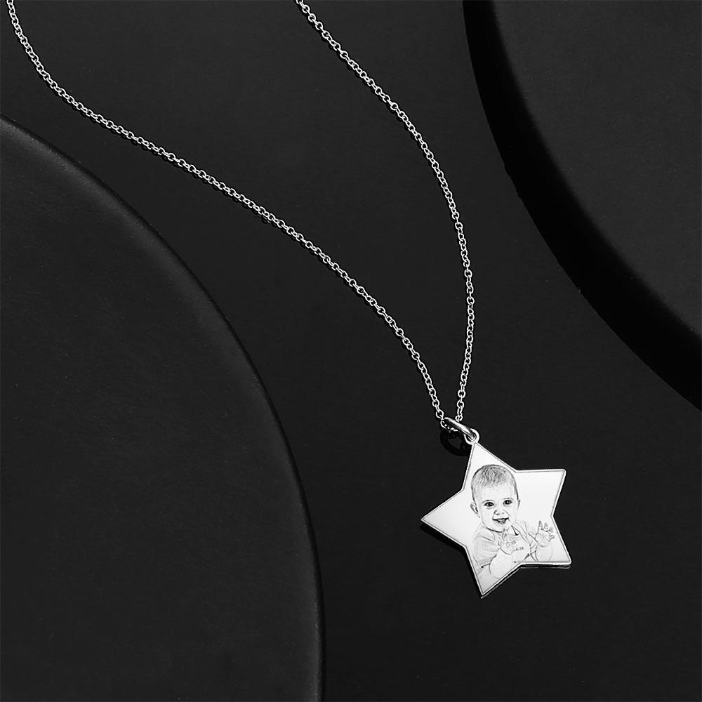 Personalized Star Engraved Photo Necklace Silver