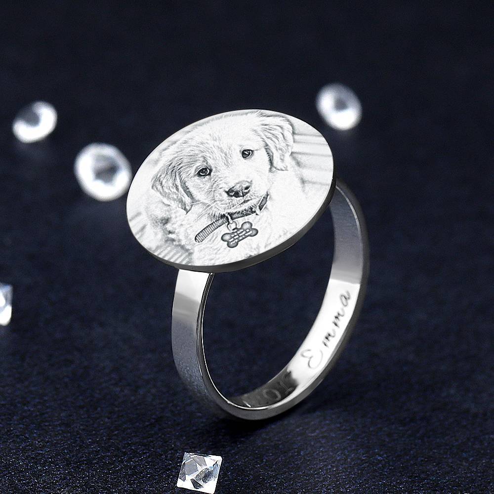 Round Photo Engraved Ring With Engraving Platinum Plated Silver