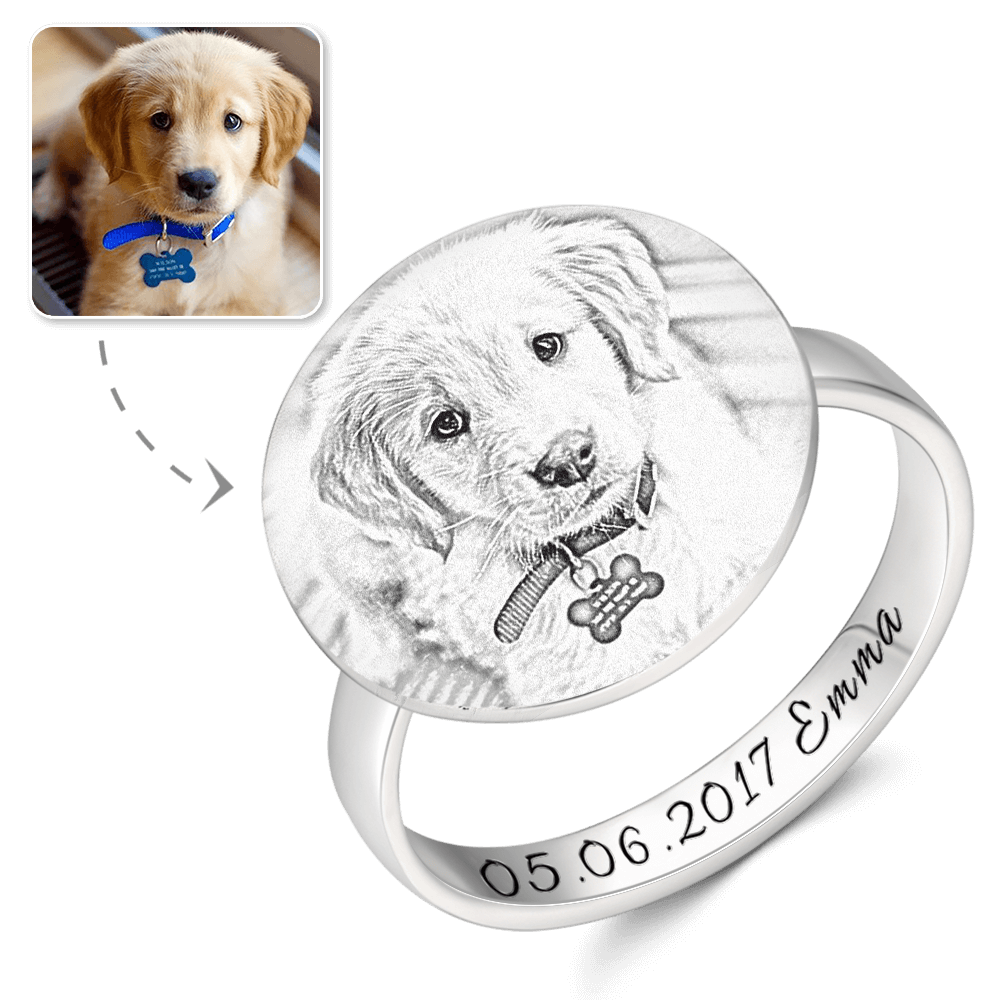 Round Photo Engraved Ring With Engraving Platinum Plated Silver