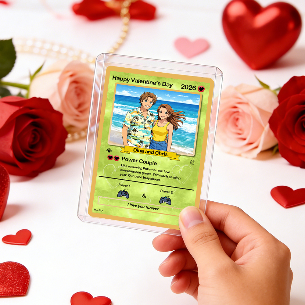 Personalized Valentine’s Day Power Couple Card, Custom Anniversary Card Couple Photo Anime Style, Best Valentine's Day Gift for Lover - namenecklace