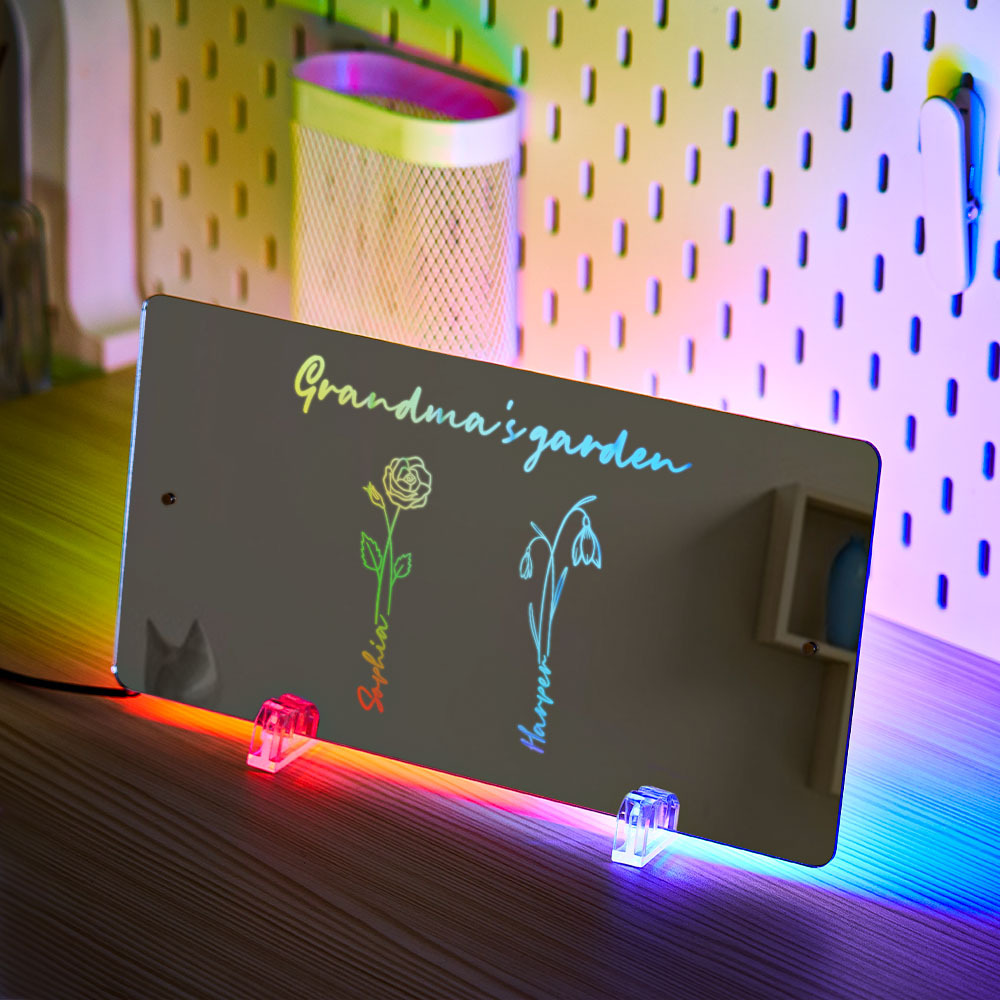 Personalized LED Name Mirror Light Grandma's Garden Sign with Birth Month Flower - NameNecklace