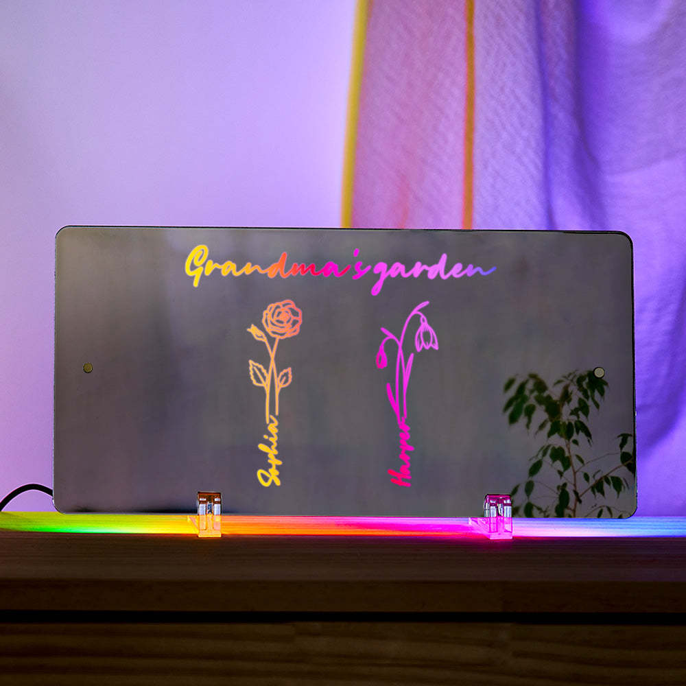 Personalized LED Name Mirror Light Grandma's Garden Sign with Birth Month Flower - NameNecklace