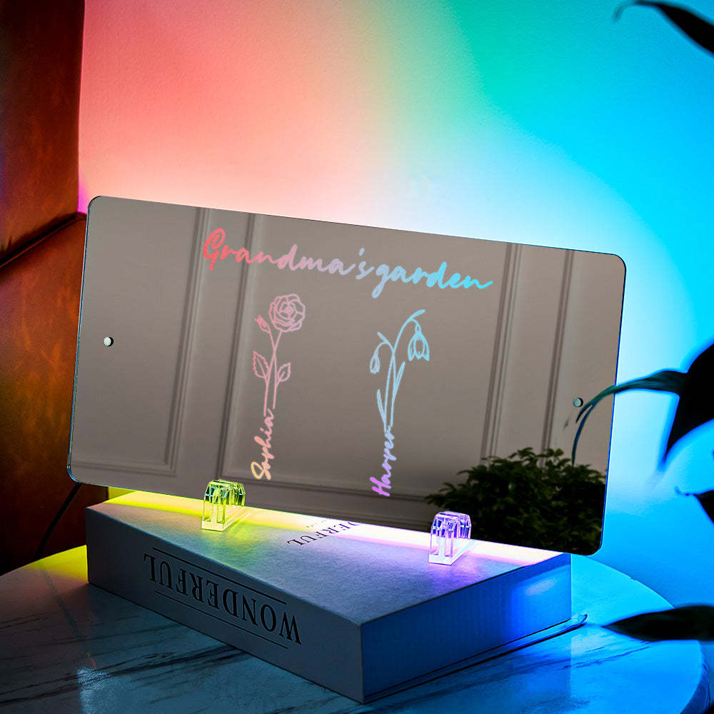 Personalized LED Name Mirror Light Grandma's Garden Sign with Birth Month Flower - NameNecklace