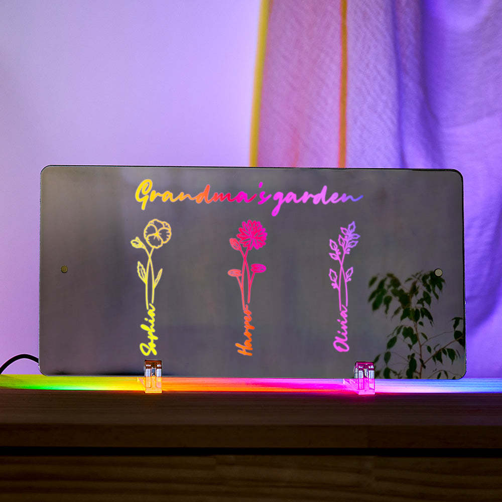 Personalized LED Name Mirror Light Grandma's Garden Sign with Birth Month Flower - NameNecklace