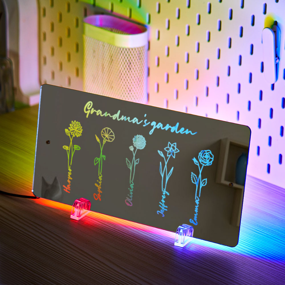Personalized LED Name Mirror Light Grandma's Garden Sign with Birth Month Flower - NameNecklace