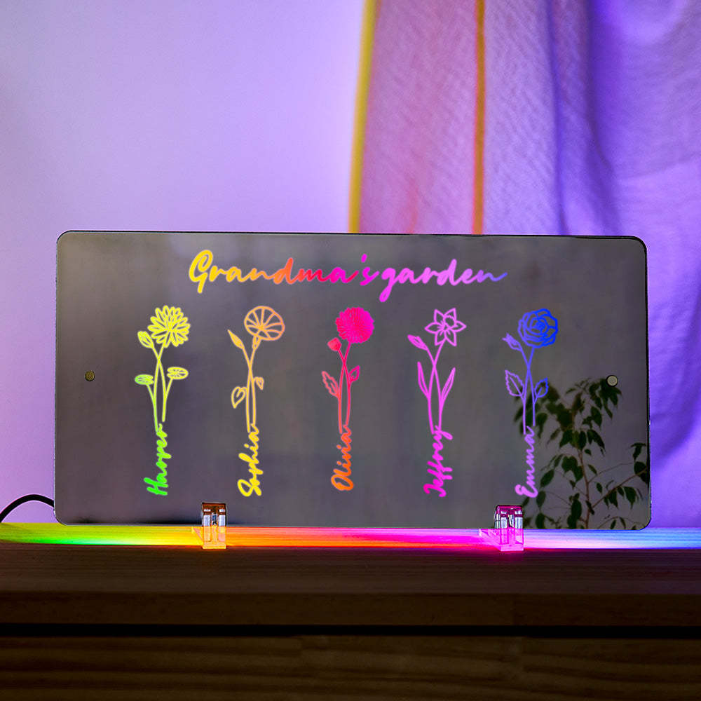 Personalized LED Name Mirror Light Grandma's Garden Sign with Birth Month Flower - NameNecklace