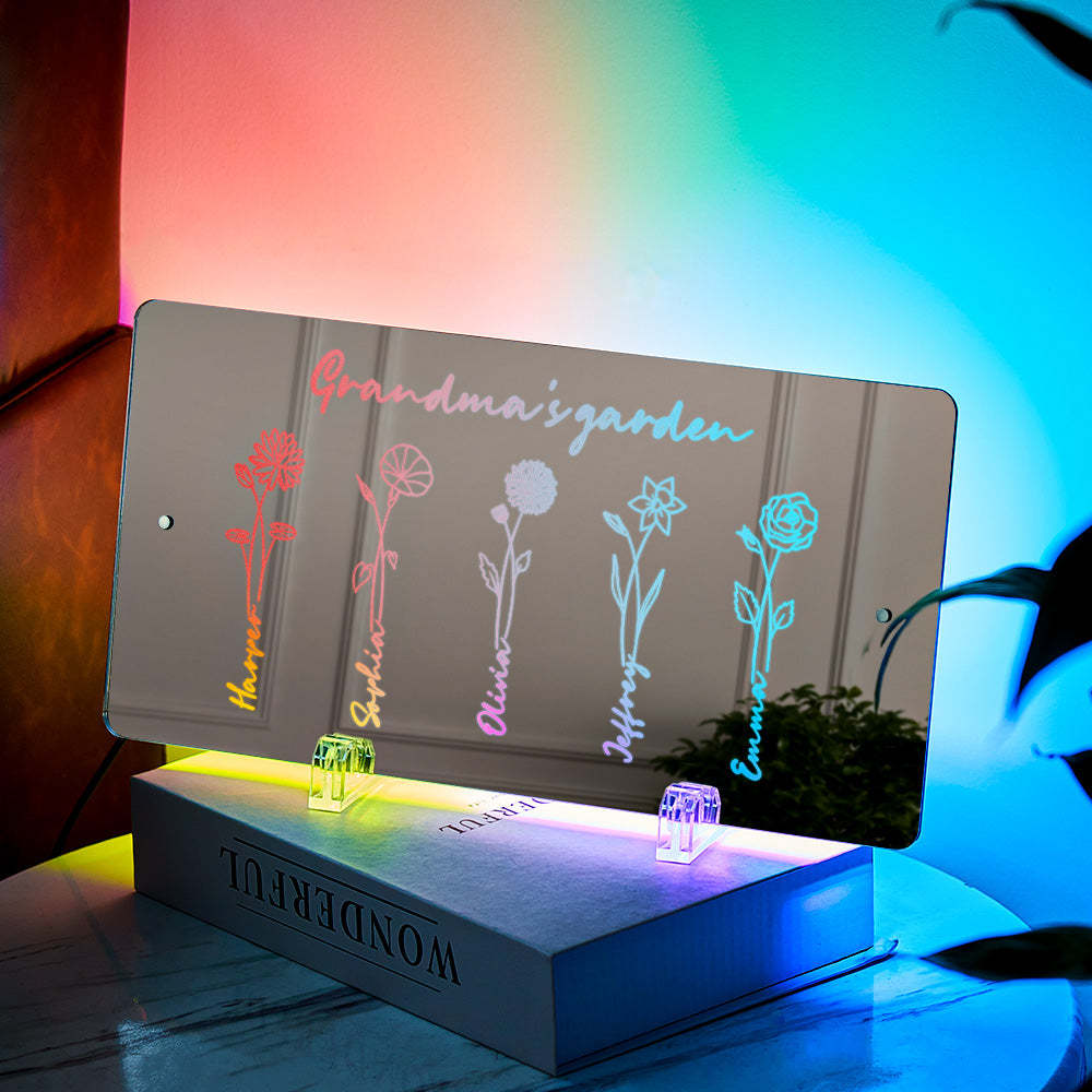 Personalized LED Name Mirror Light Grandma's Garden Sign with Birth Month Flower - NameNecklace