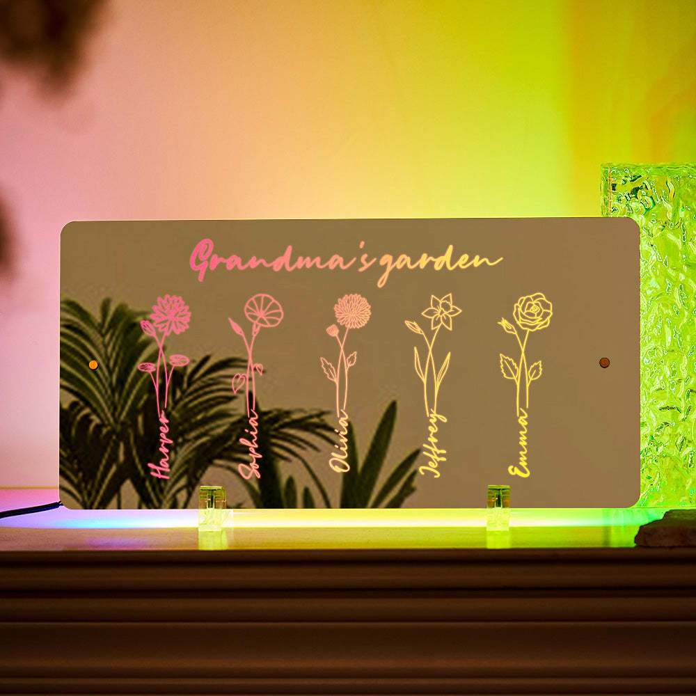 Personalized LED Name Mirror Light Grandma's Garden Sign with Birth Month Flower - NameNecklace