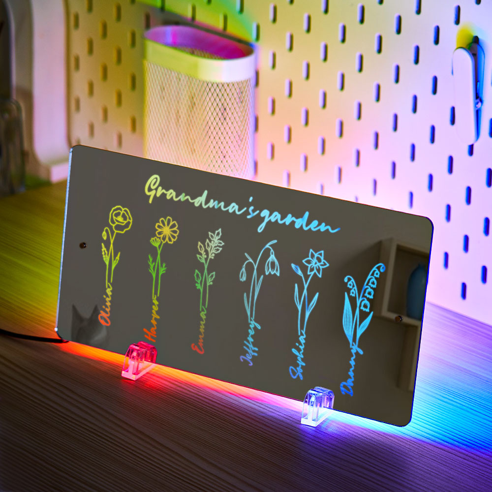 Personalized LED Name Mirror Light Grandma's Garden Sign with Birth Month Flower - NameNecklace