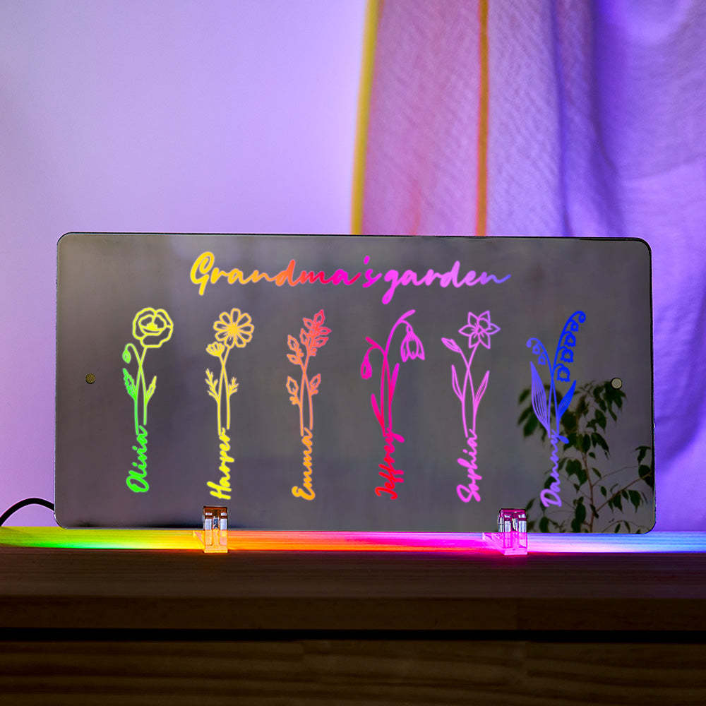 Personalized LED Name Mirror Light Grandma's Garden Sign with Birth Month Flower - NameNecklace