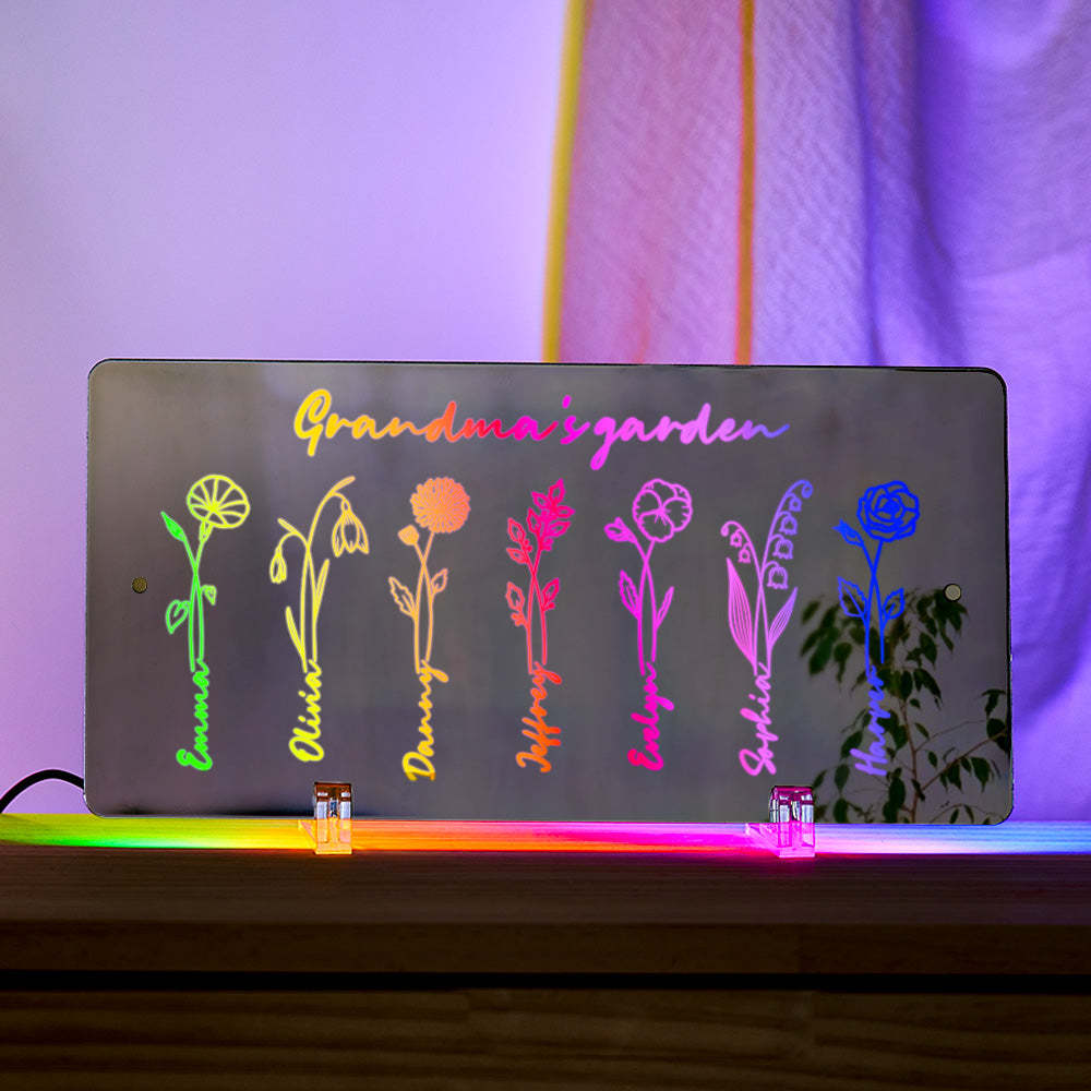 Personalized LED Name Mirror Light Grandma's Garden Sign with Birth Month Flower - NameNecklace