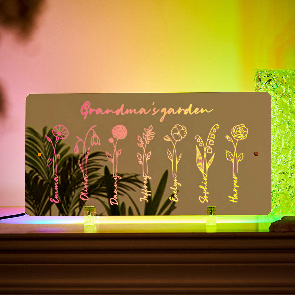 Personalized LED Name Mirror Light Grandma's Garden Sign with Birth Month Flower - NameNecklace