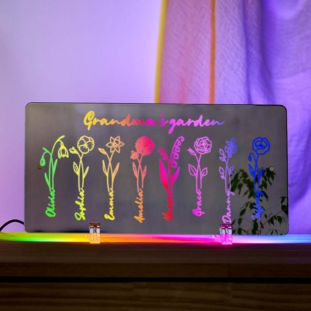 Personalized LED Name Mirror Light Grandma's Garden Sign with Birth Month Flower - NameNecklace