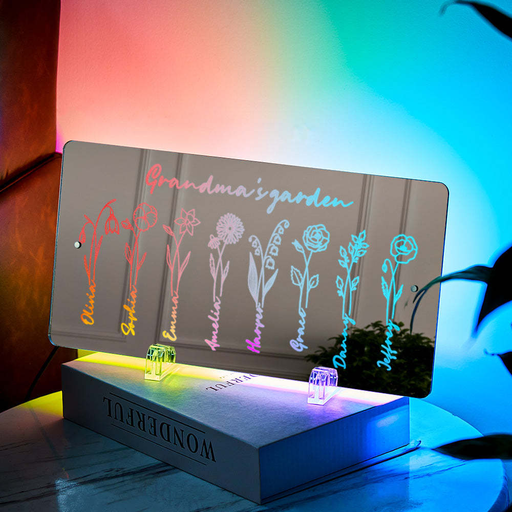 Personalized LED Name Mirror Light Grandma's Garden Sign with Birth Month Flower - NameNecklace
