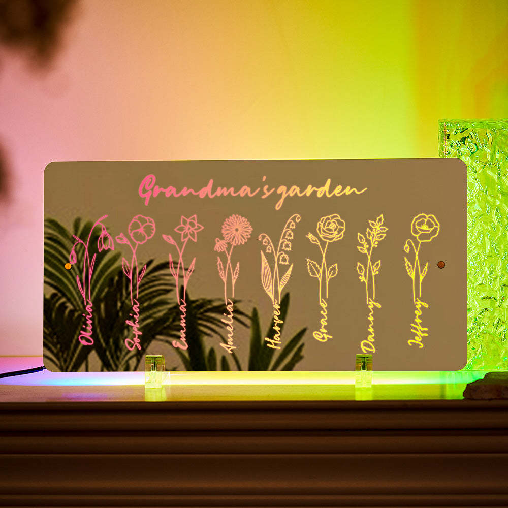 Personalized LED Name Mirror Light Grandma's Garden Sign with Birth Month Flower - NameNecklace
