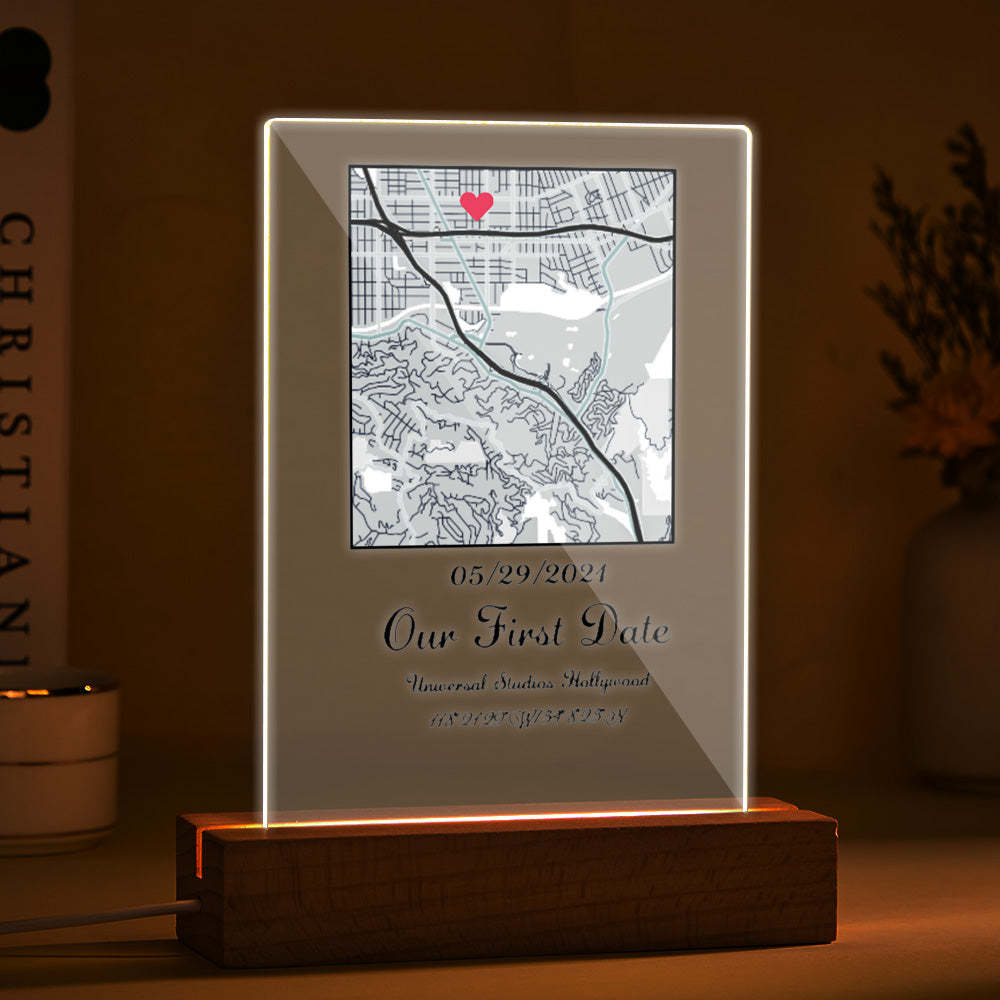 Personalized Acrylic Map Our First Date Night Light with Wood Stand