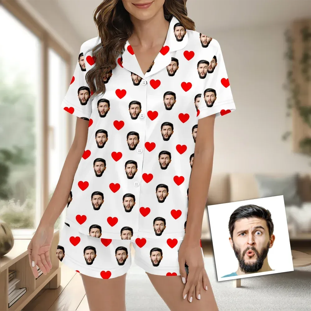 Custom Face Short Sleeve Pajamas Custom Red Heart Photo Pajamas