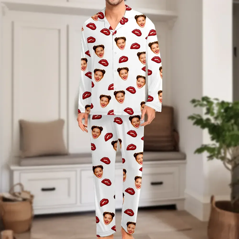 Custom Face Long Sleeve Pajamas Custom Red Lips Photo Pajamas