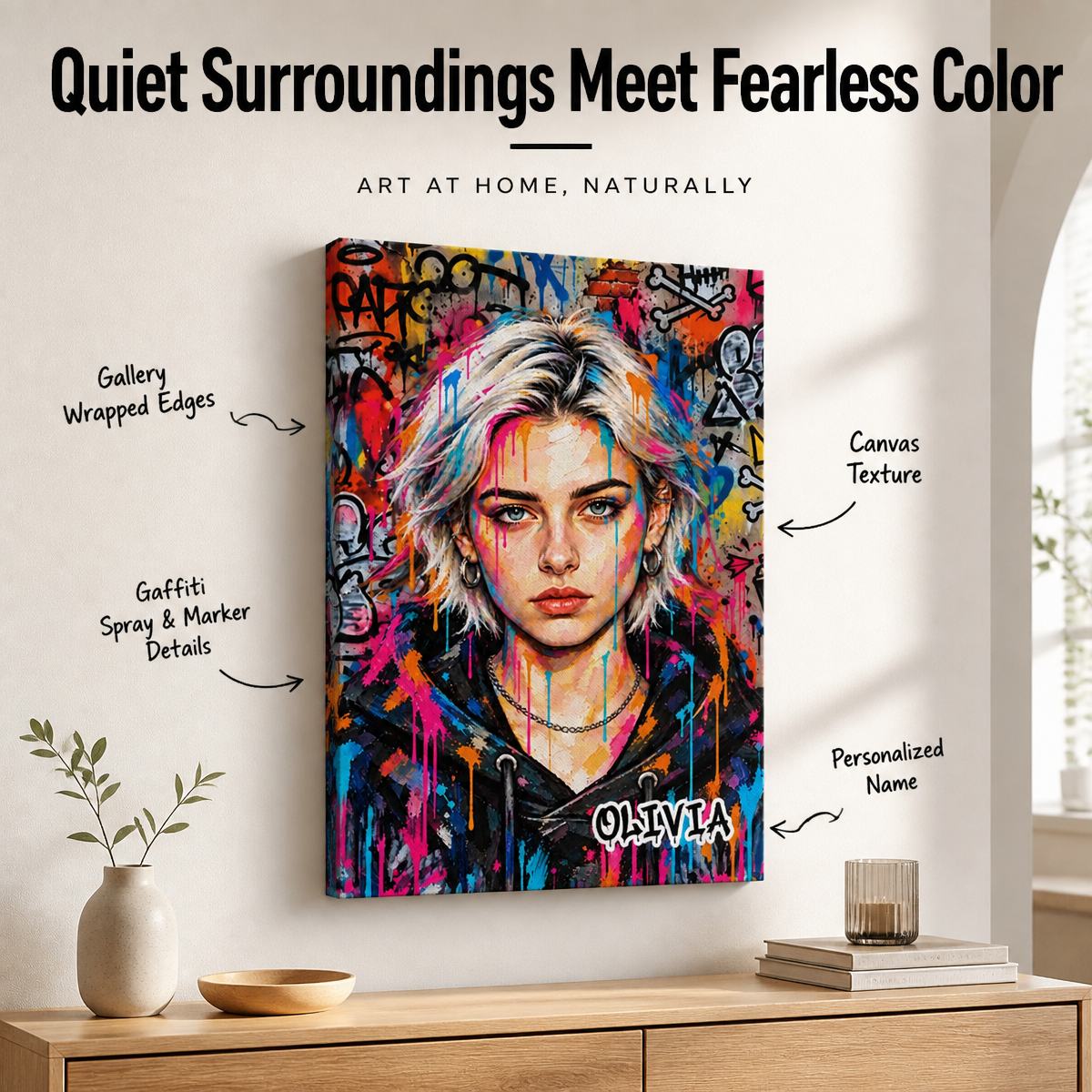 Custom Photo Graffiti Portrait Canvas Wall Art Personalized Name Street Art Canvas Print Gift For Him Her