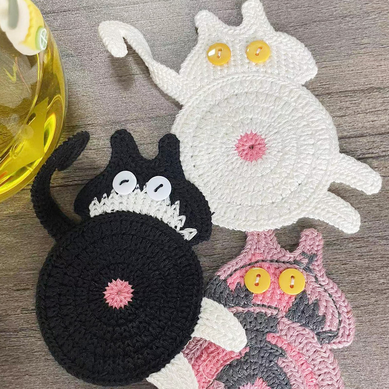 Handmade Crochet Cat Coasters Handcrafted Whimsical Animal Drink Protectors Artisan Hand-Knitted Mats for Feline Fun Gift for Cat Lovers