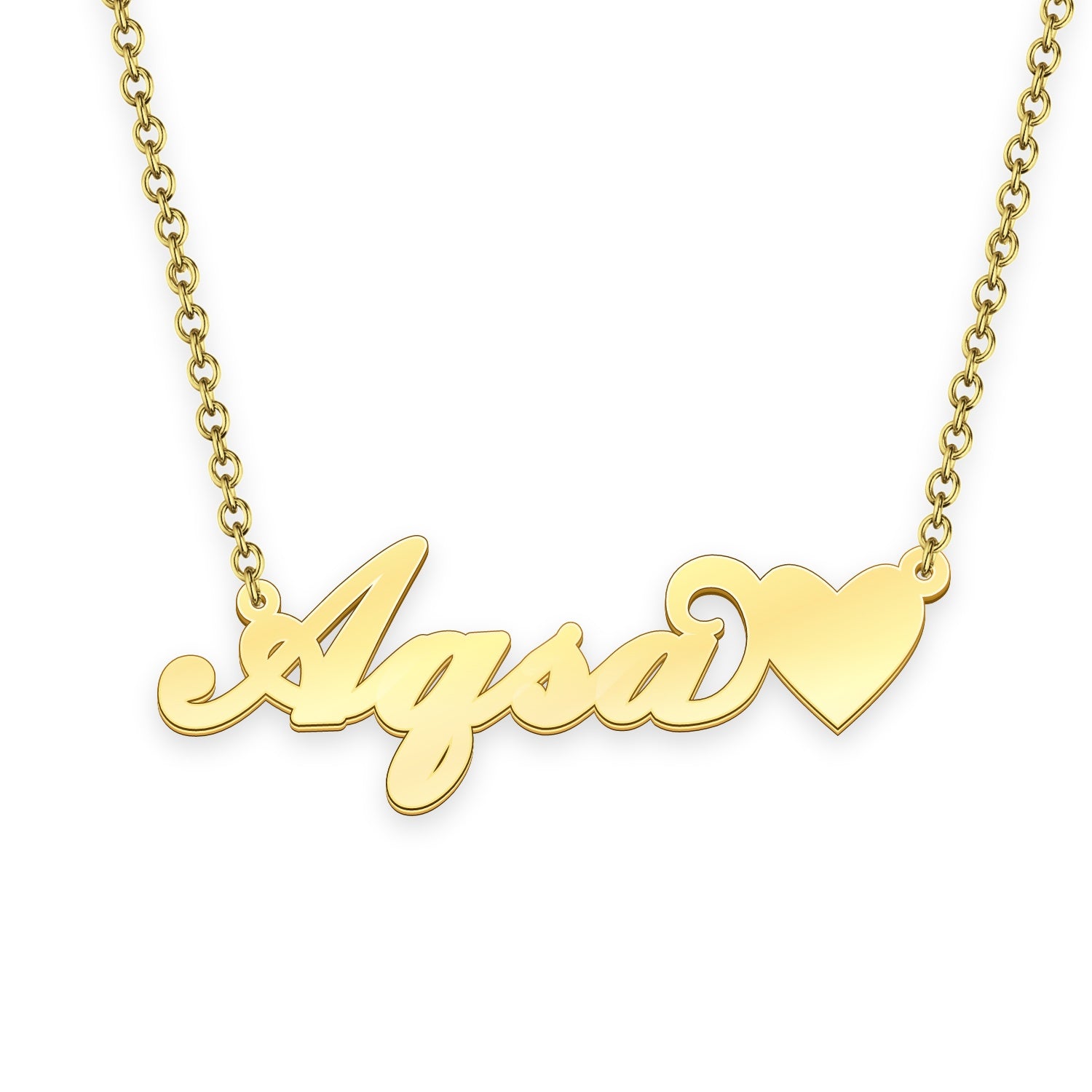 Aqsa name necklace with little heart 14k gold unique gifts
