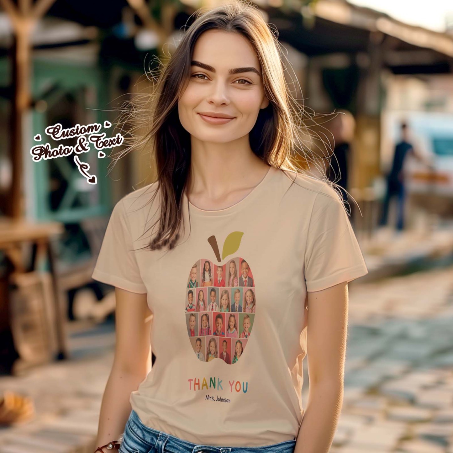 Custom Photo Apple T-Shirt Personalized Teacher Appreciation Gift Customized Teacher Appreciation T-Shirt with Student Photos