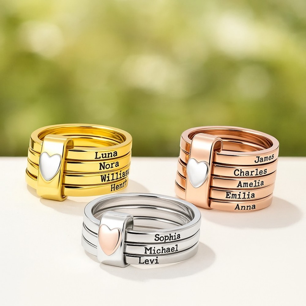 Personalized Sterling Silver Heart Name Stacking Ring Custom Engraved 2-7 Names Jewelry, Perfect Christmas, Valentine��s & Birthday Gift for Mom Grandma