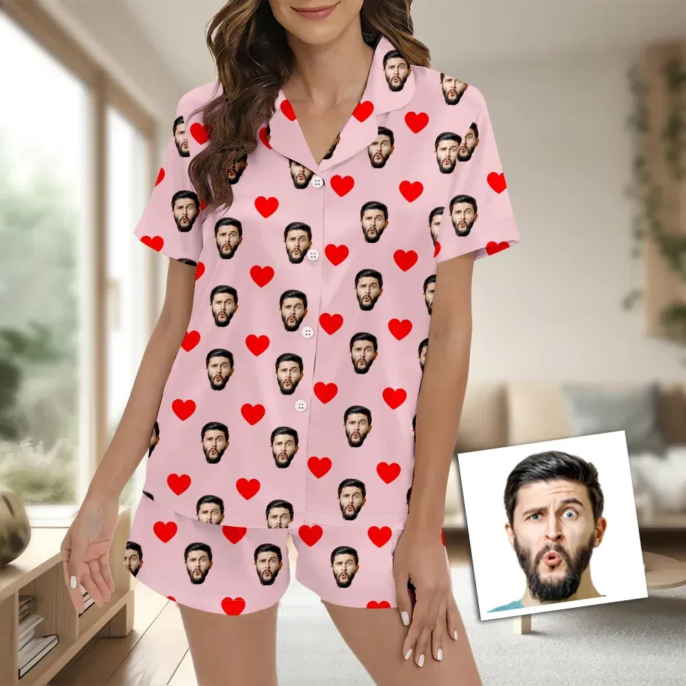 Custom Face Short Sleeve Pajamas Custom Red Heart Photo Pajamas