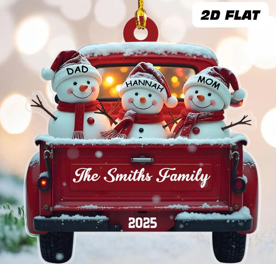 Personalized Snowman Family Christmas Ornament, Red Truck Christmas Ornament Snowman Ornament & Custom Name Ornament