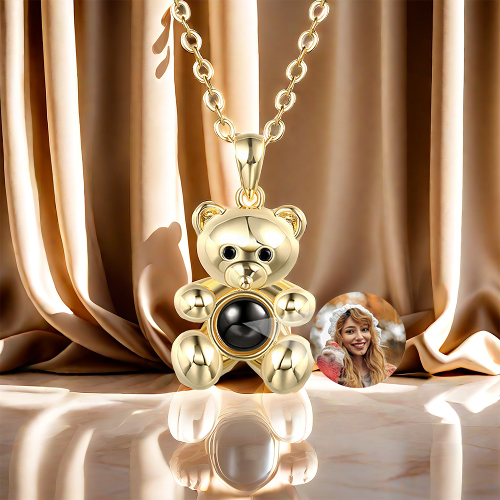 "Fall in Love" Teddy Bear Personalized Photo Projection Sterling Silver Necklace