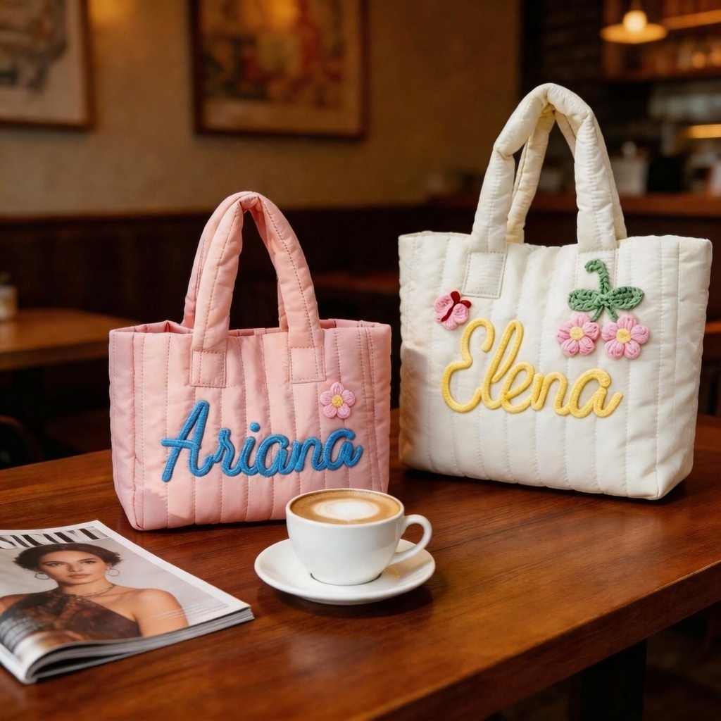 Personalized Name Quilted Nylon Tote Bag Custom Embroidered School Bag with Floral Details Colorful Puffer Tote with Custom 3D Name Embroidery - namenecklace