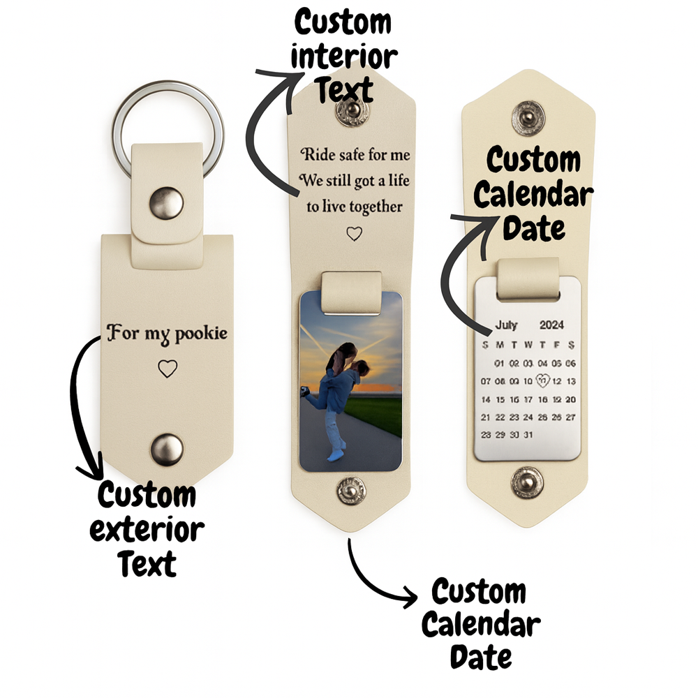 Personalized Photo and Calendar Leather Keychain with Custom Text Valentine's Day Gifts for Him