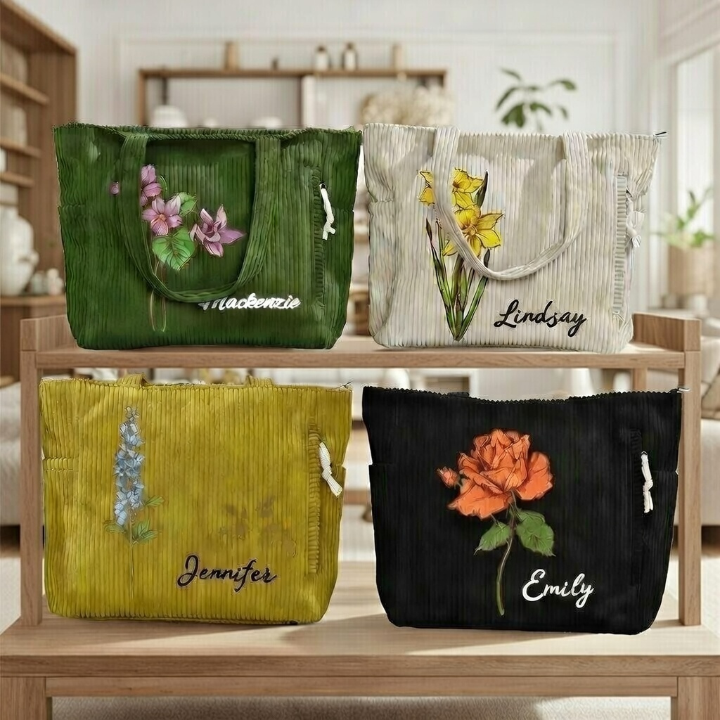 Personalized Name Birth Flower Corduroy Tote Bag Custom Birth Month Flower Corduroy Tote Bag Large Capacity Zippered Commuter Handbag with Side Pockets Gift for Her